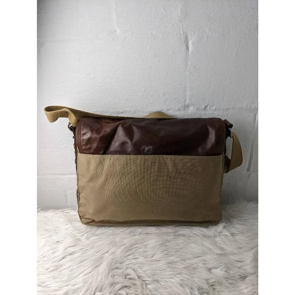 Fossil Messanger Bag Khaki Canvas Brown Leather Shoulder Strap Leather Detail Sn